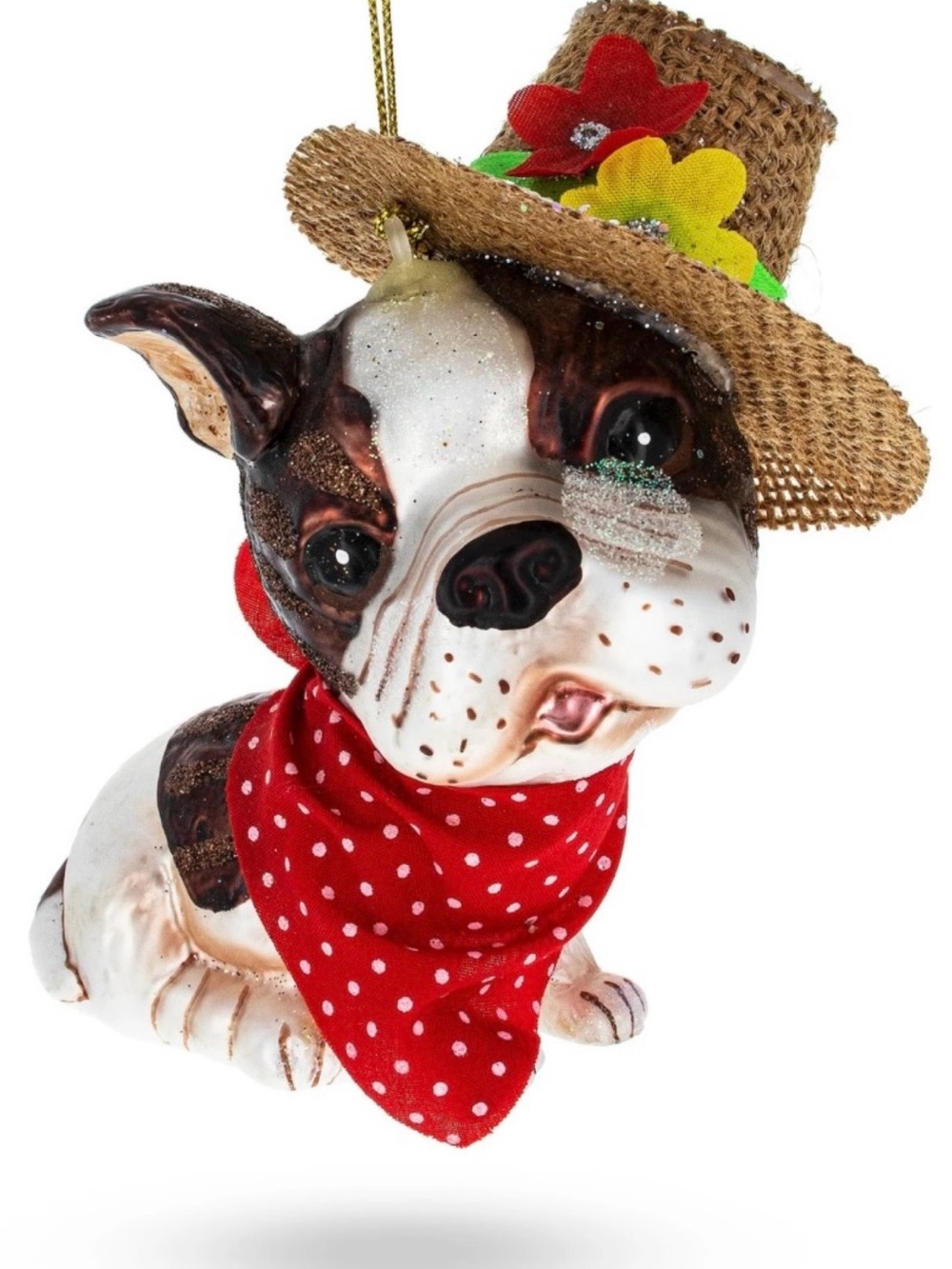 Dapper Boston Terrier in Hat Red Scarf Blown Glass Christmas Ornament Adorable